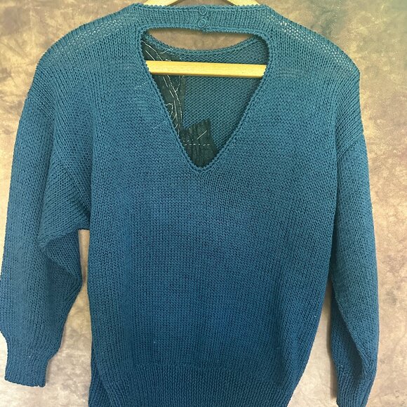 Nannell Hand knit Blue Vintage Big Cat Sweater with Sequins Small - Picture 3 of 5